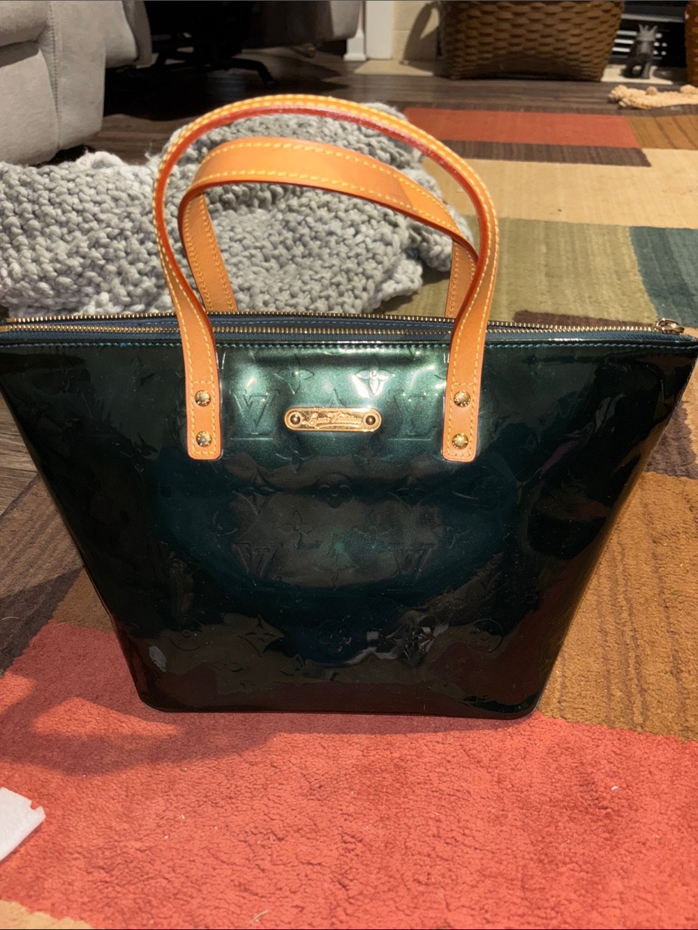 Louis Vuitton Patent Tote Bag in Deep Green with Tan Handles